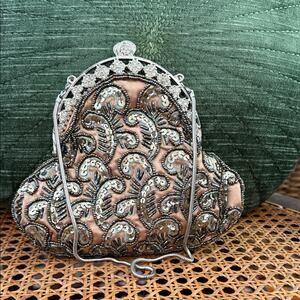 Vintage Rose Satin Silver Sequin Rhinestone Bridgerton Wristlet Evening Bag